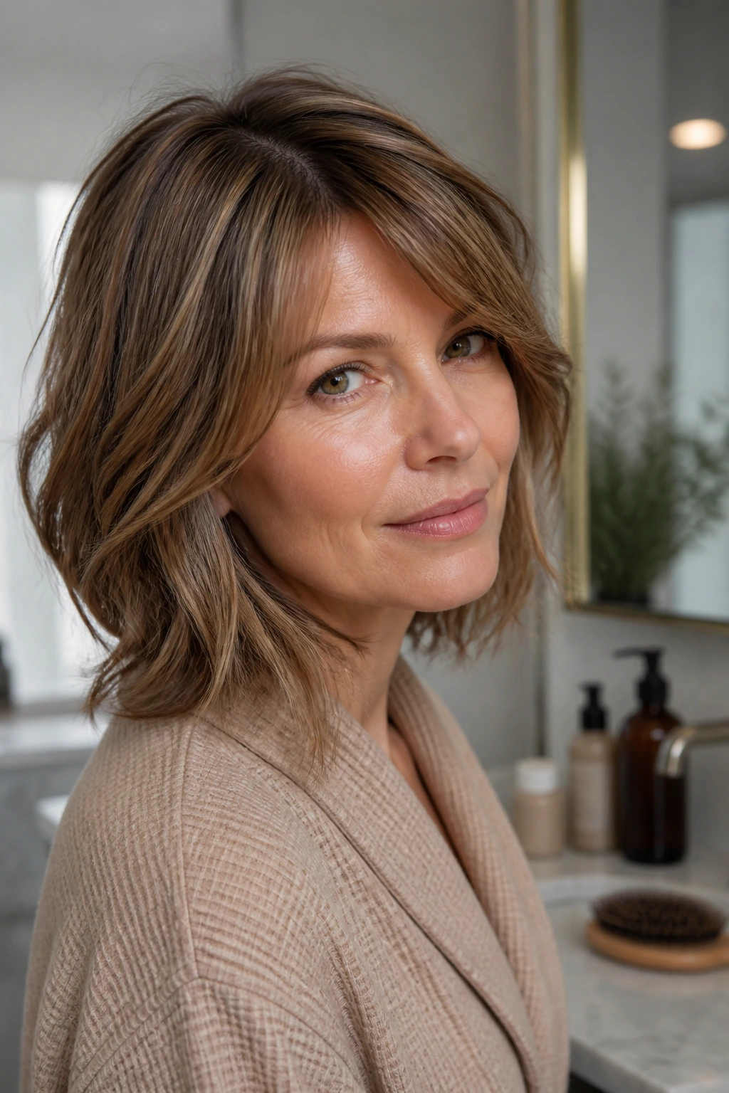 Portrait of a woman showing fresh brown highlights with subtle root shadow