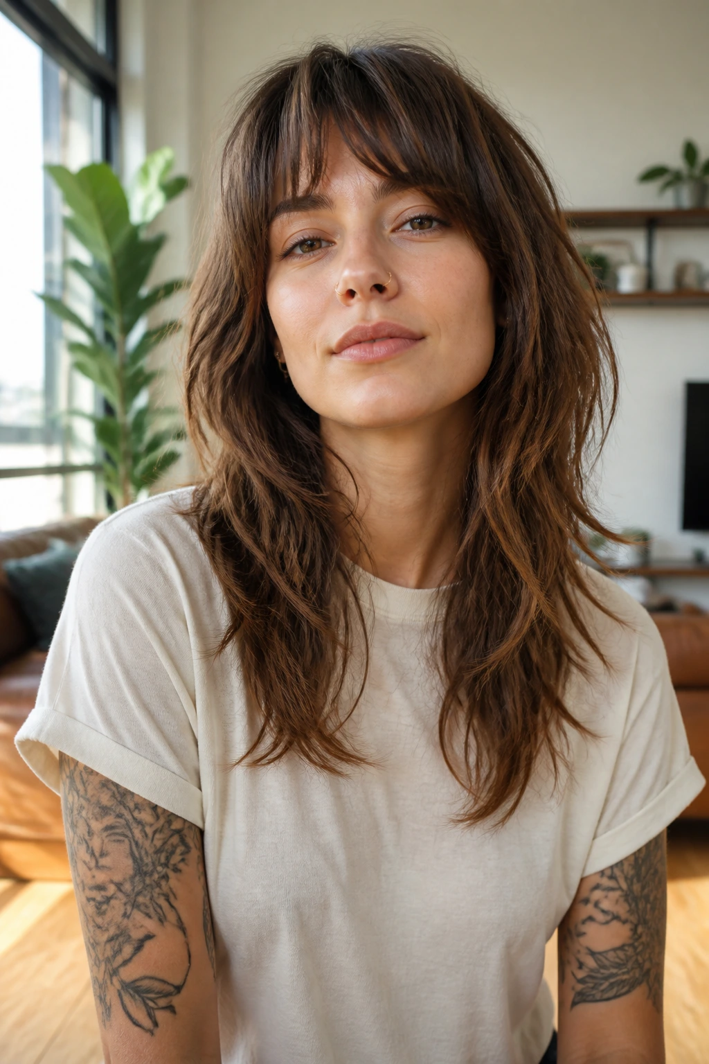 Portrait of a real person with a versatile long shag in a modern interior