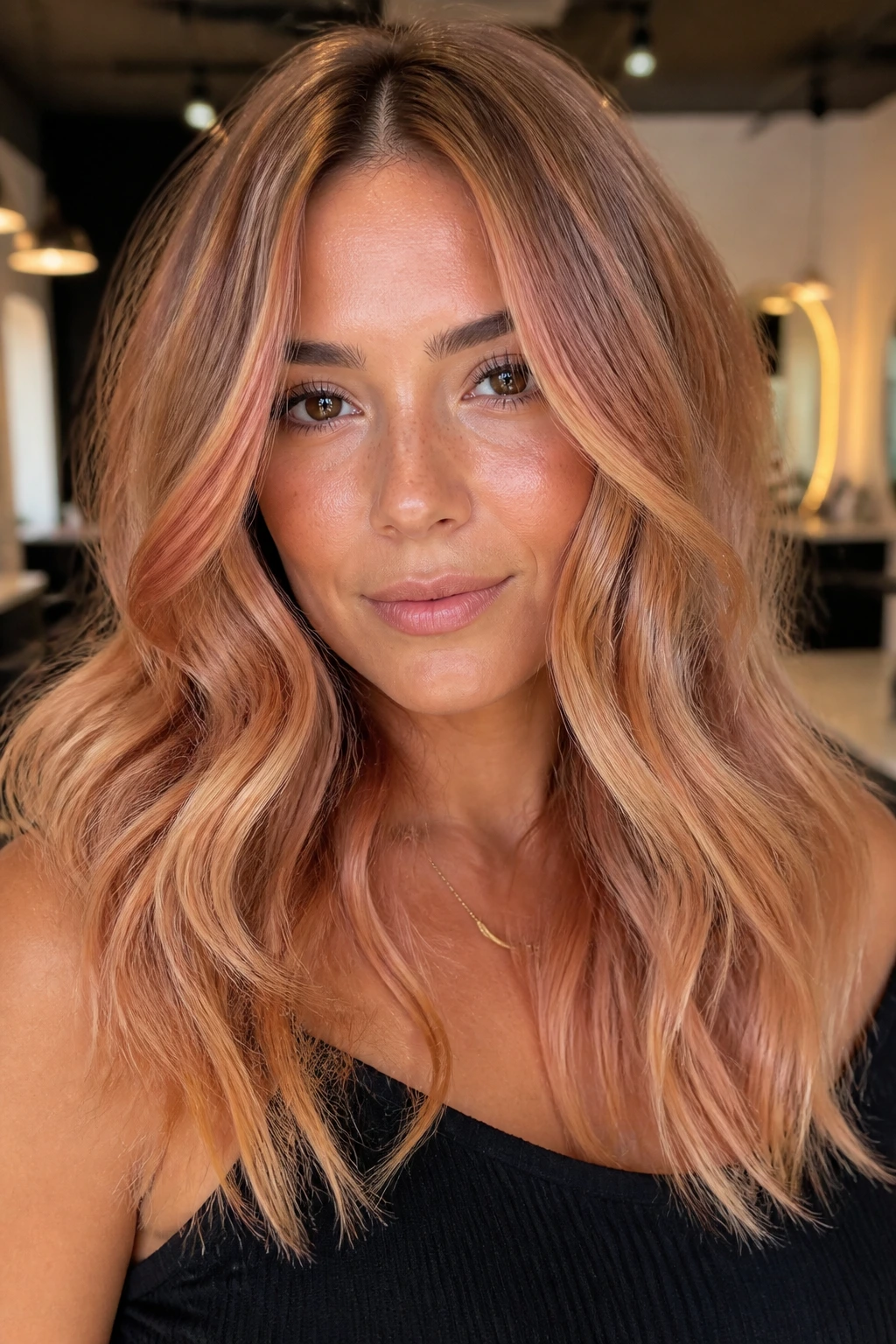 Close-up of a real woman showing peach and rose-gold strawberry blonde highlights