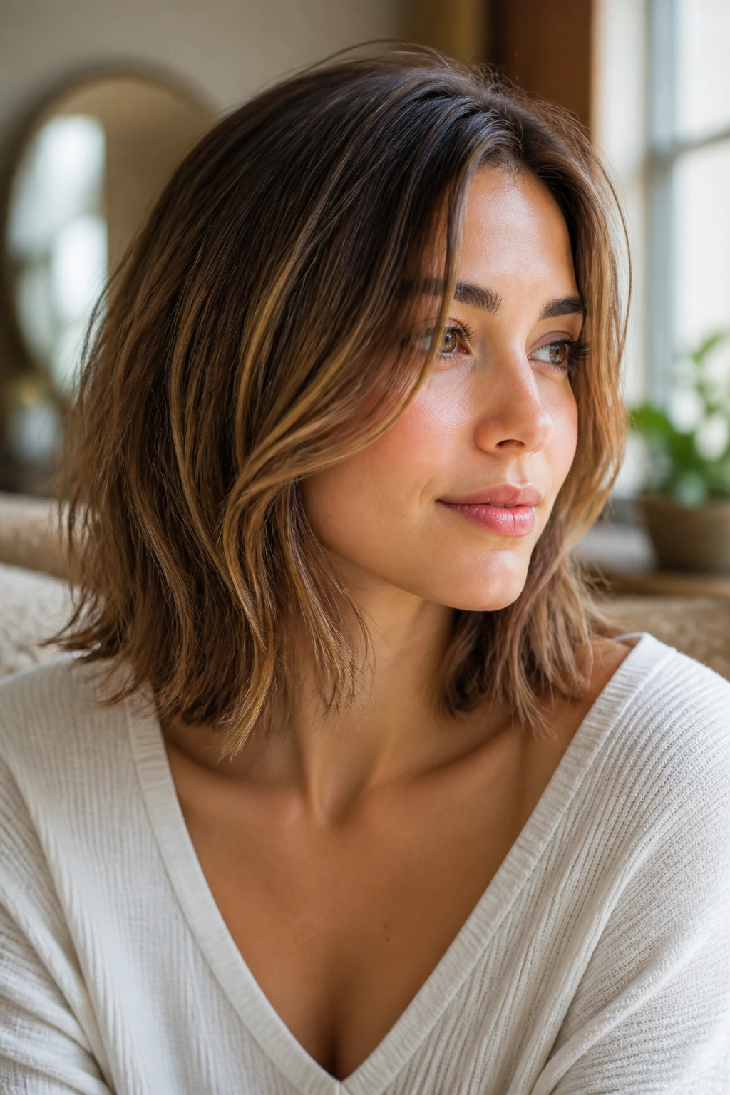 Close-up portrait showing shoulder-length hair with soft layers to illustrate the concept