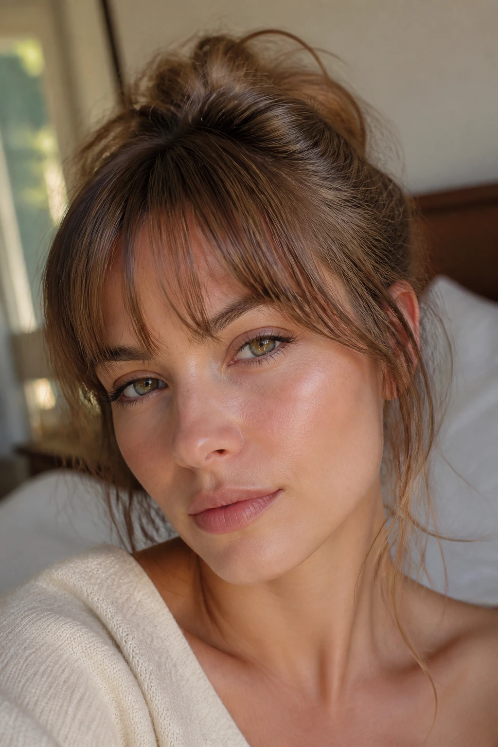 Close-up portrait of a woman with choppy airy fringe in bedroom window light