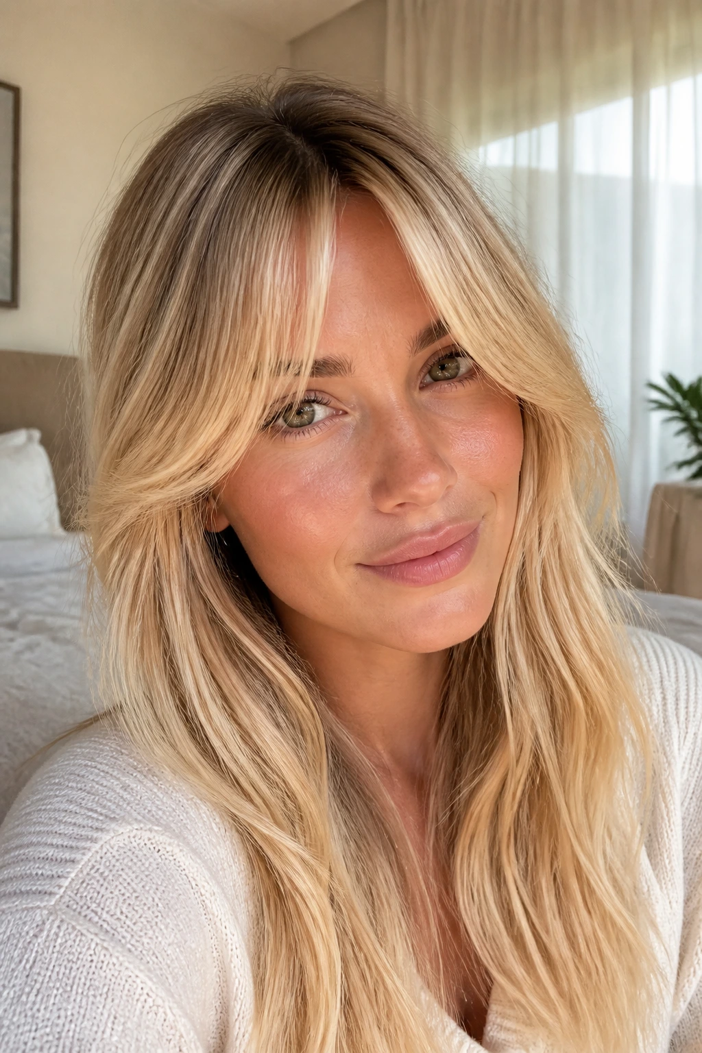 Close-up of a real woman with an airy fringe, natural window light