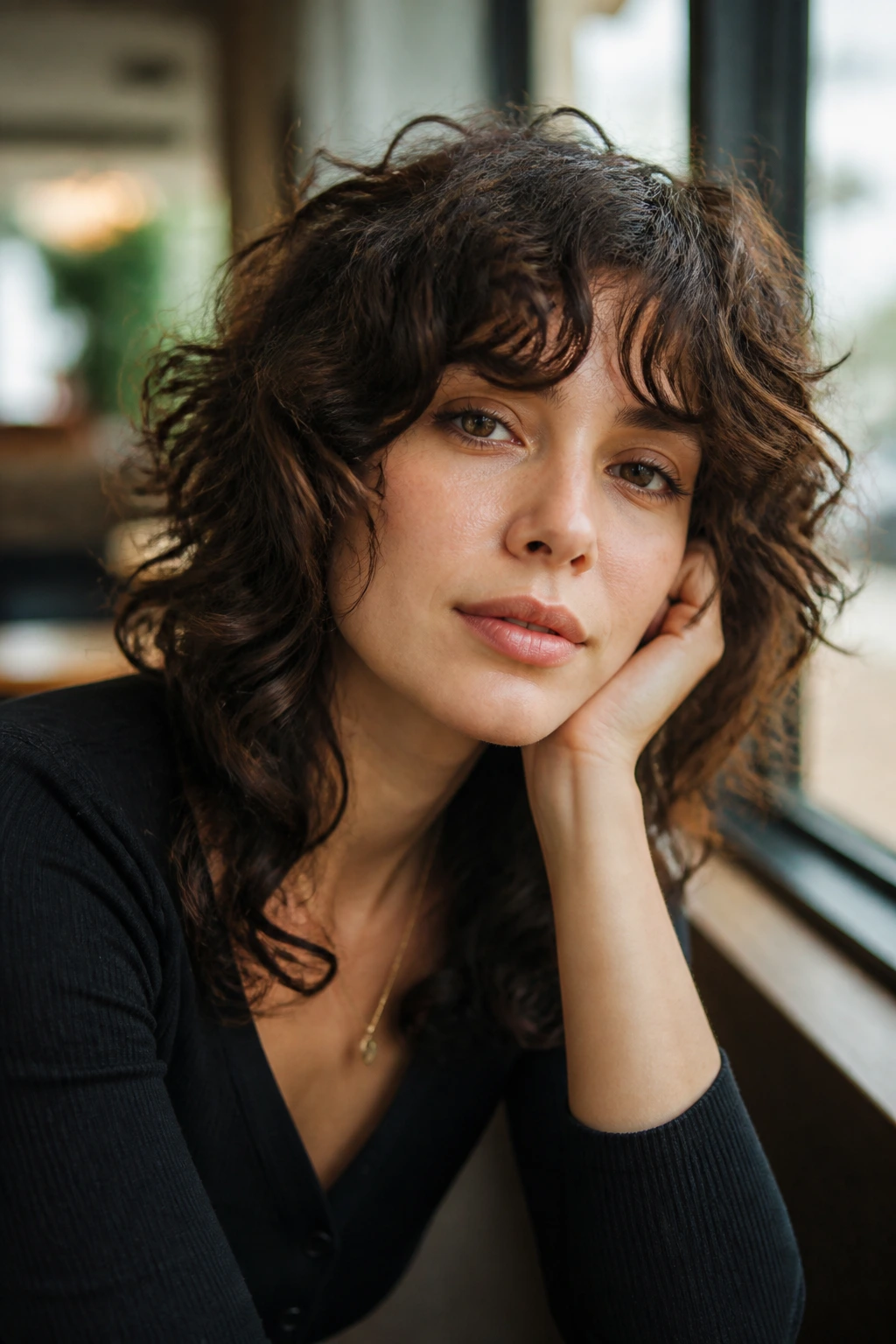 Curly shag with fringe bangs on a real person in daylight