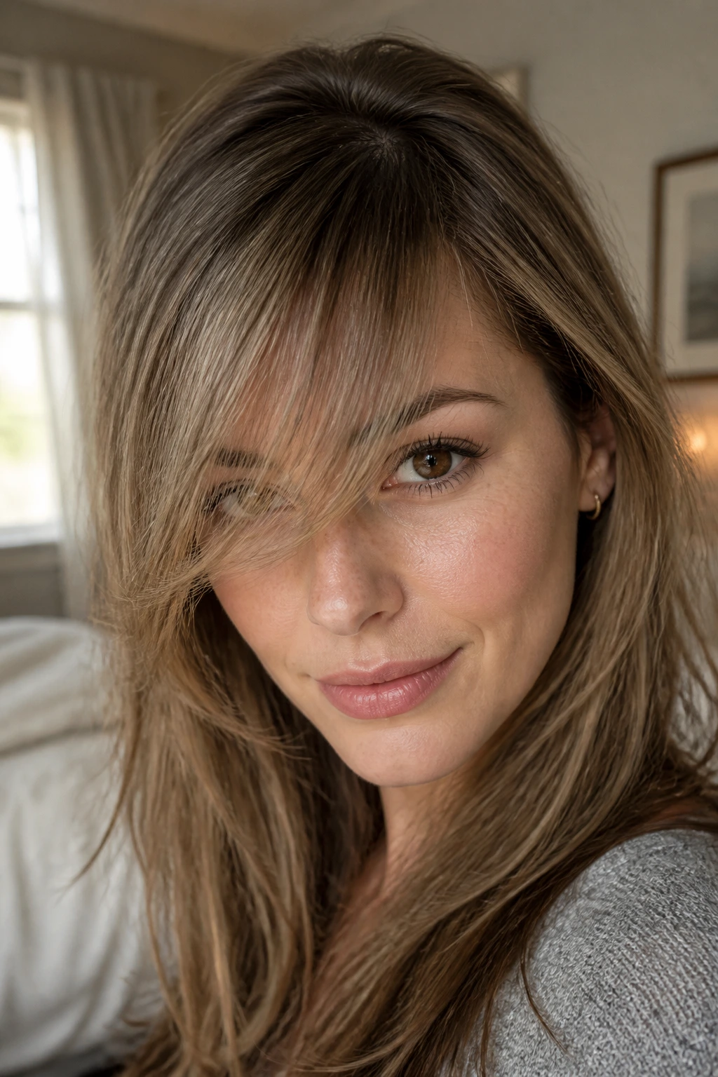 Close-up of a real woman with long side-swept fringe on fine hair in natural window light