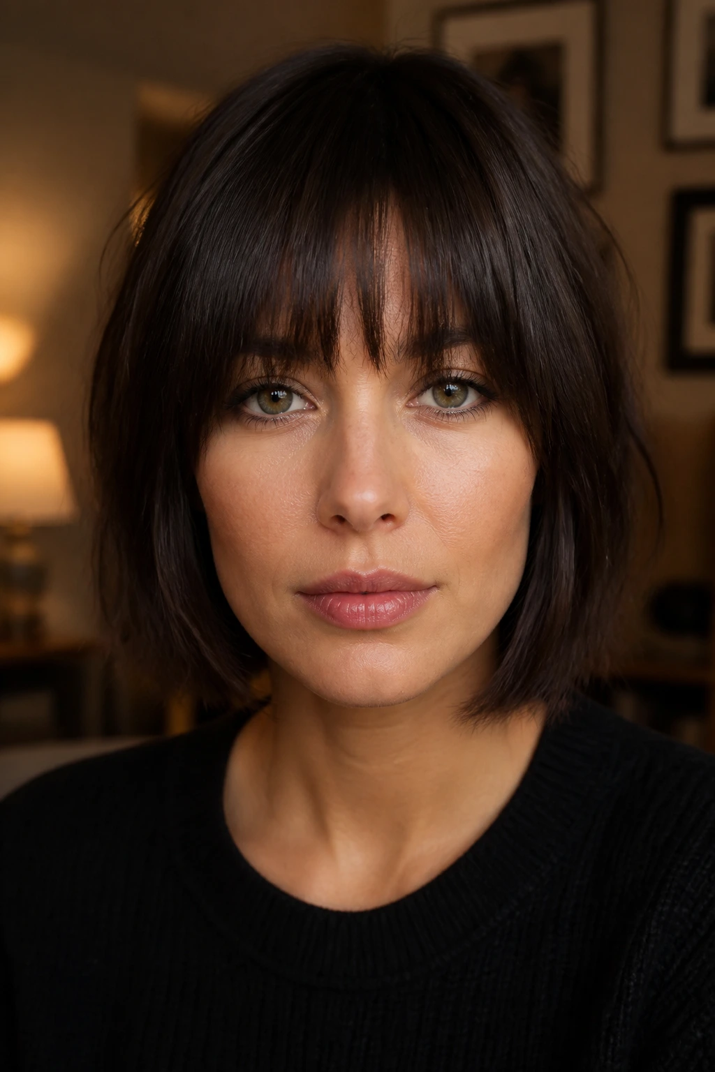 Close-up of a woman with blunt fringe bangs framing her face