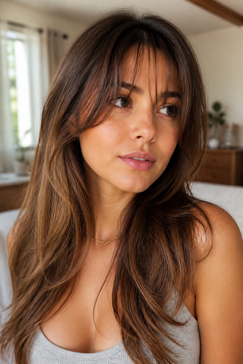 Close-up of a woman with long layered bangs framing her face in warm window light
