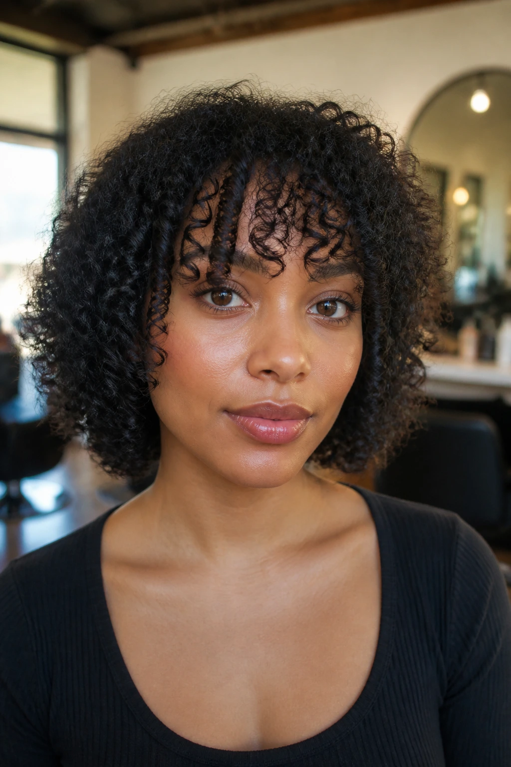 Close-up of real woman with cheekbone-length fringe in salon, dry-length fringe guidance