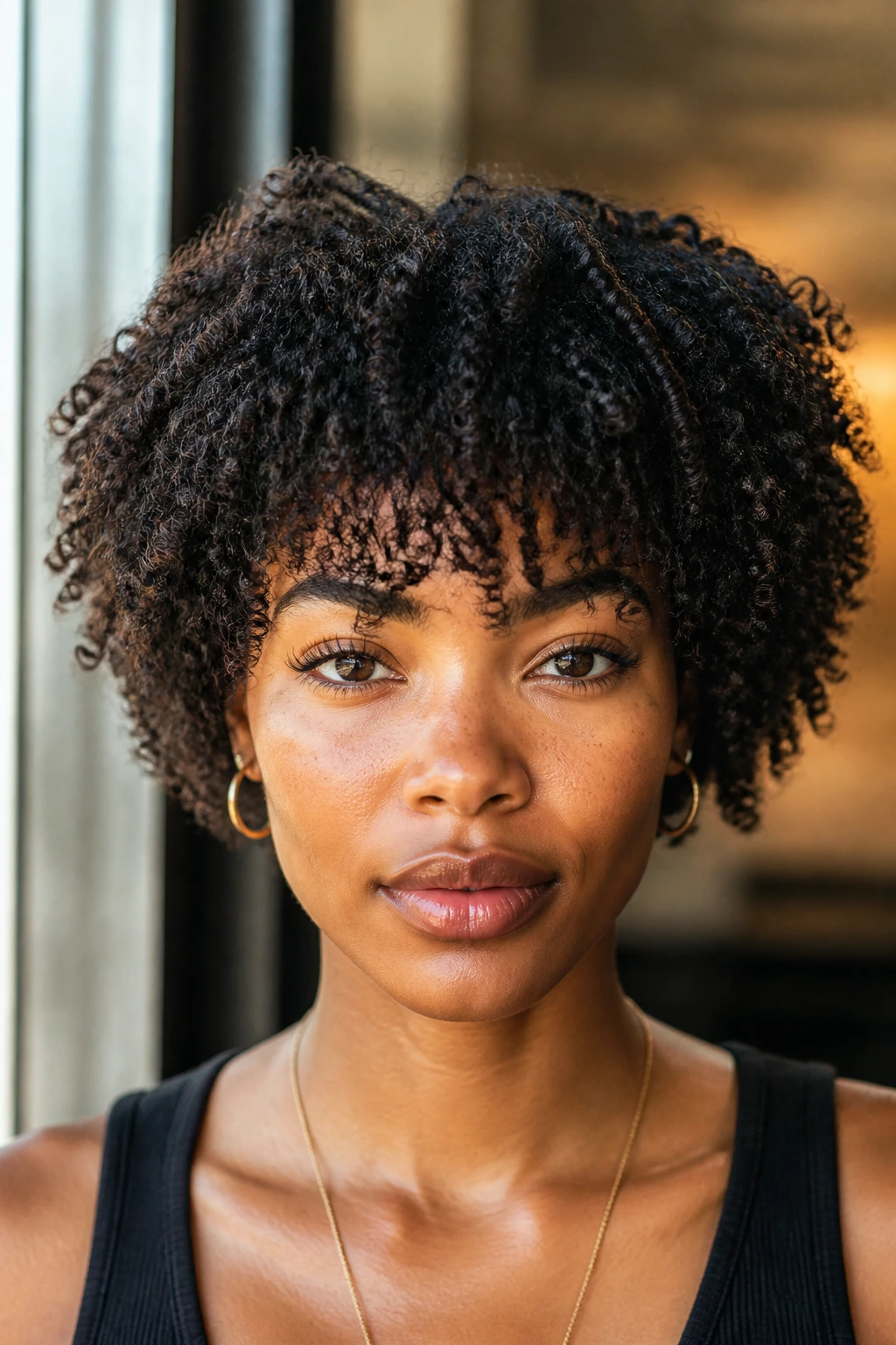 Close-up portrait of a real Black woman with choppy fringe bangs framing the face