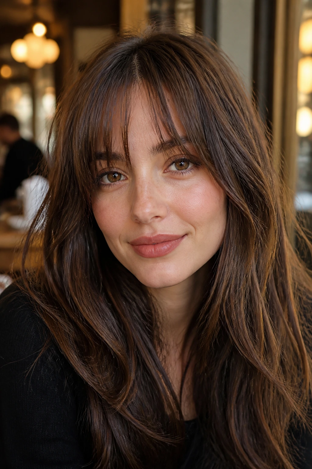 Close-up of a real woman with soft uneven bangs in a Parisian cafe setting