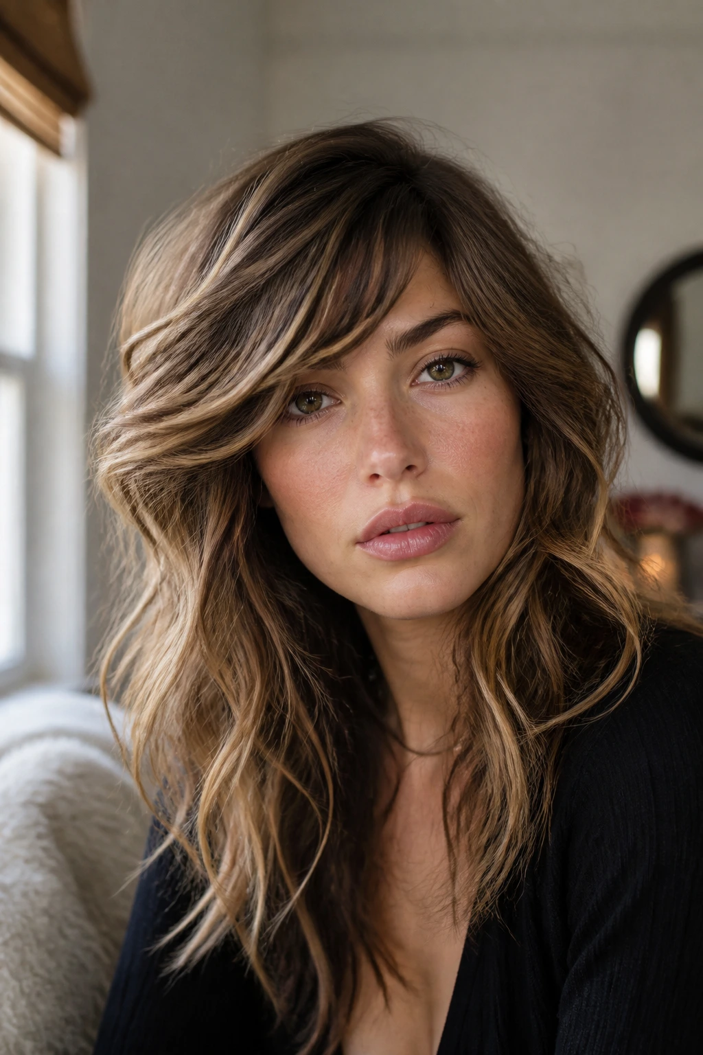 Close-up portrait of a real woman with tousled beach wave fringe framing the face