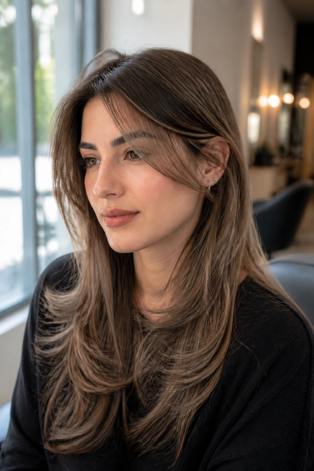 Close-up portrait of a real woman with a grown-out fringe blending into side-swept layers.