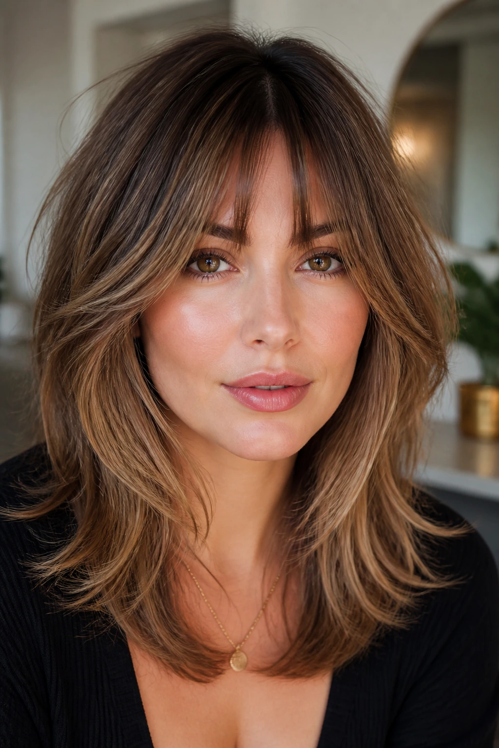 Real woman showing a fringe blending into cheekbone-length layers