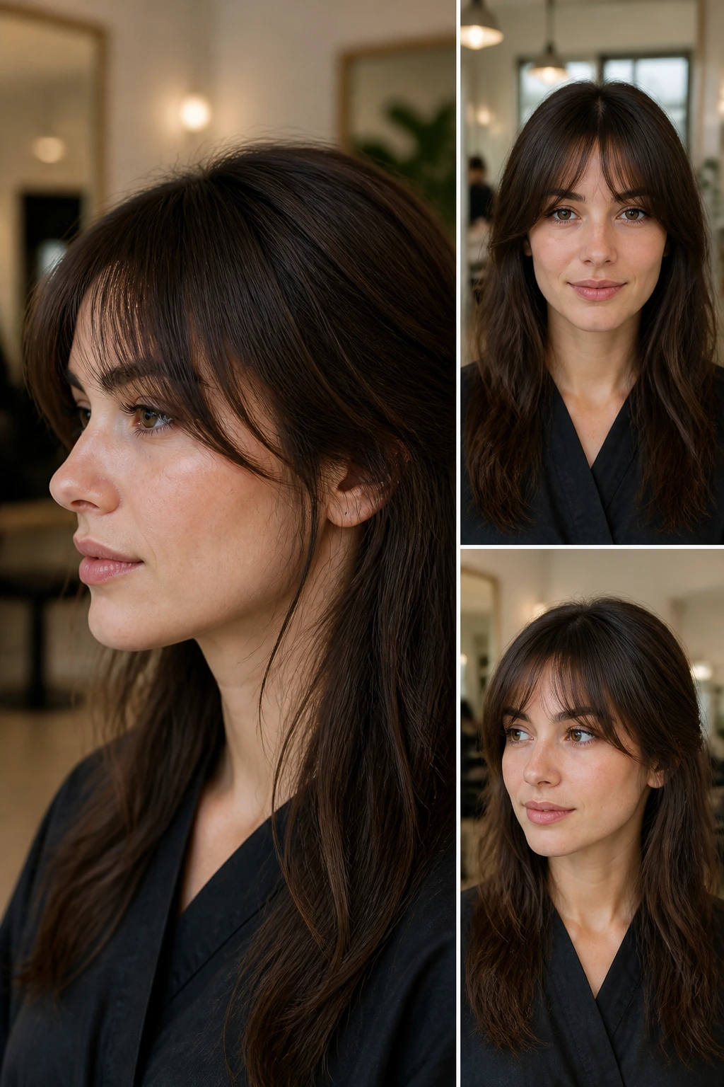 Real woman explaining hairstyle preferences while showing bangs alignment.