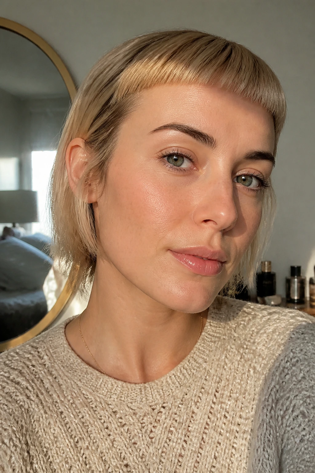 Close-up of a woman with a crisp short fringe at a bedroom vanity