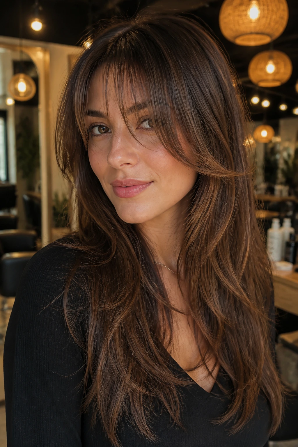 Person with fringe opening at the cheekbones and soft layers in a salon.