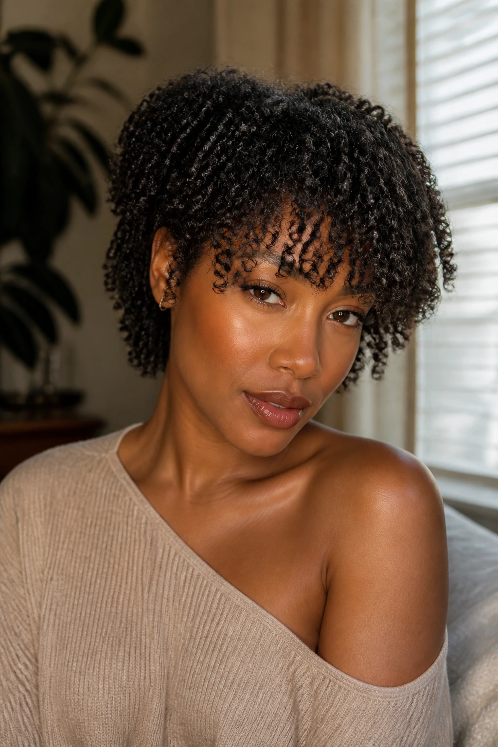 Portrait of a Black woman with a tailored face-framing fringe suited to her texture.