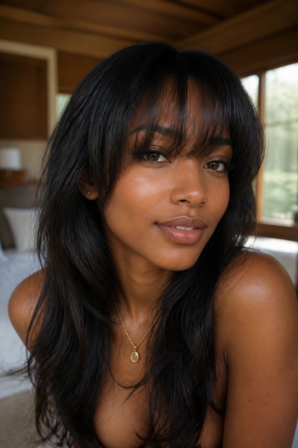 Close-up of a real woman with a soft fringe framing her forehead in a cozy bedroom