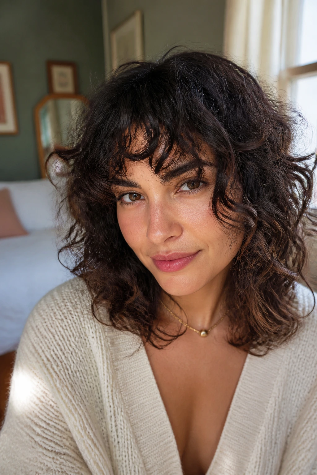 Close-up portrait of a real woman with tousled fringe and collarbone-length layers in sunlit bedroom