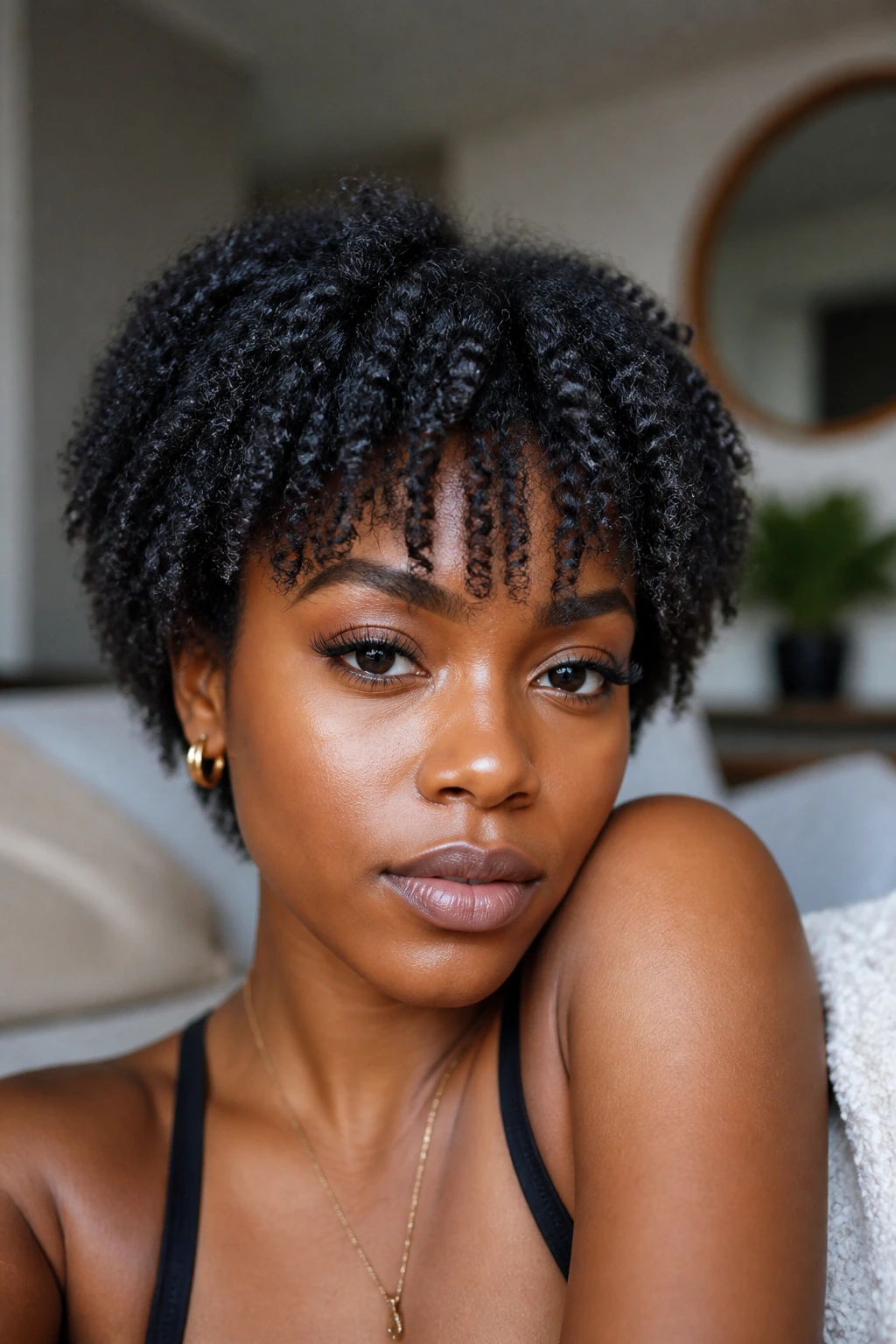 Close-up portrait showing a shrinkage-friendly fringe on a Black woman.