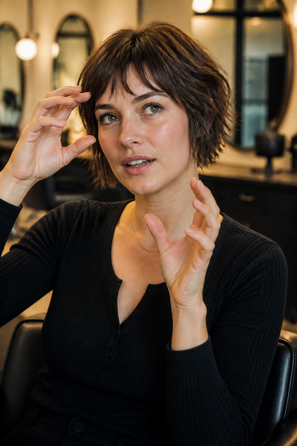 Client and stylist discussing fringe cut in a warm salon interior.
