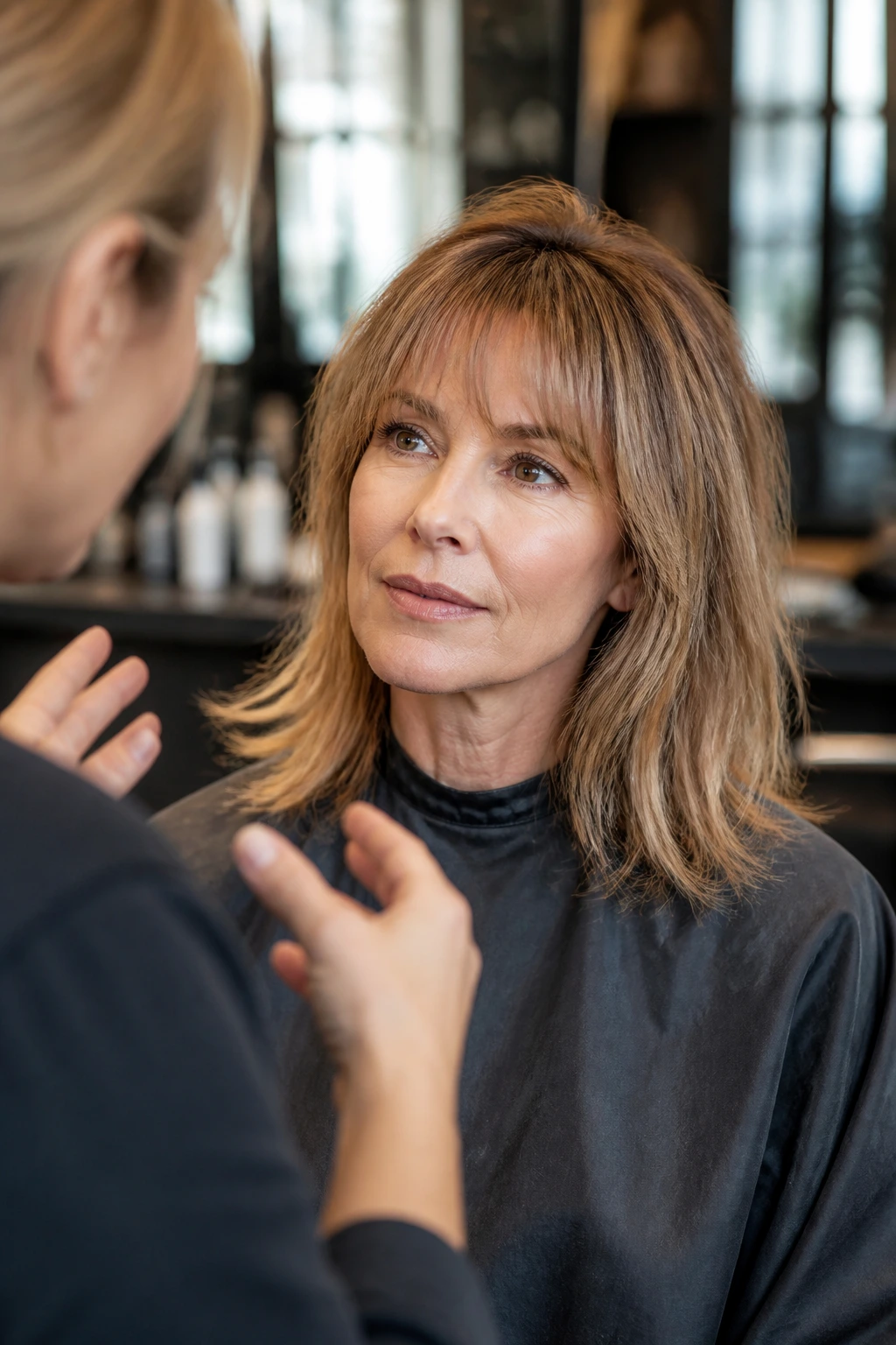 Woman consulting with a stylist about fringe in a contemporary salon