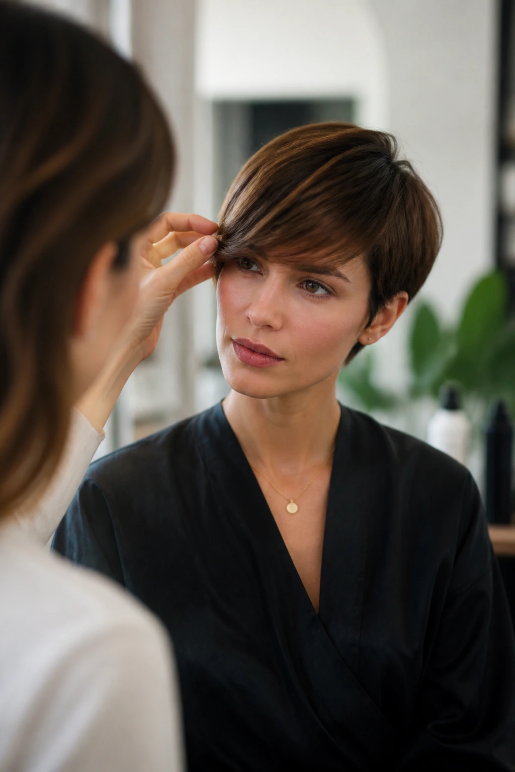 Client explaining fringe details to a stylist in a salon.
