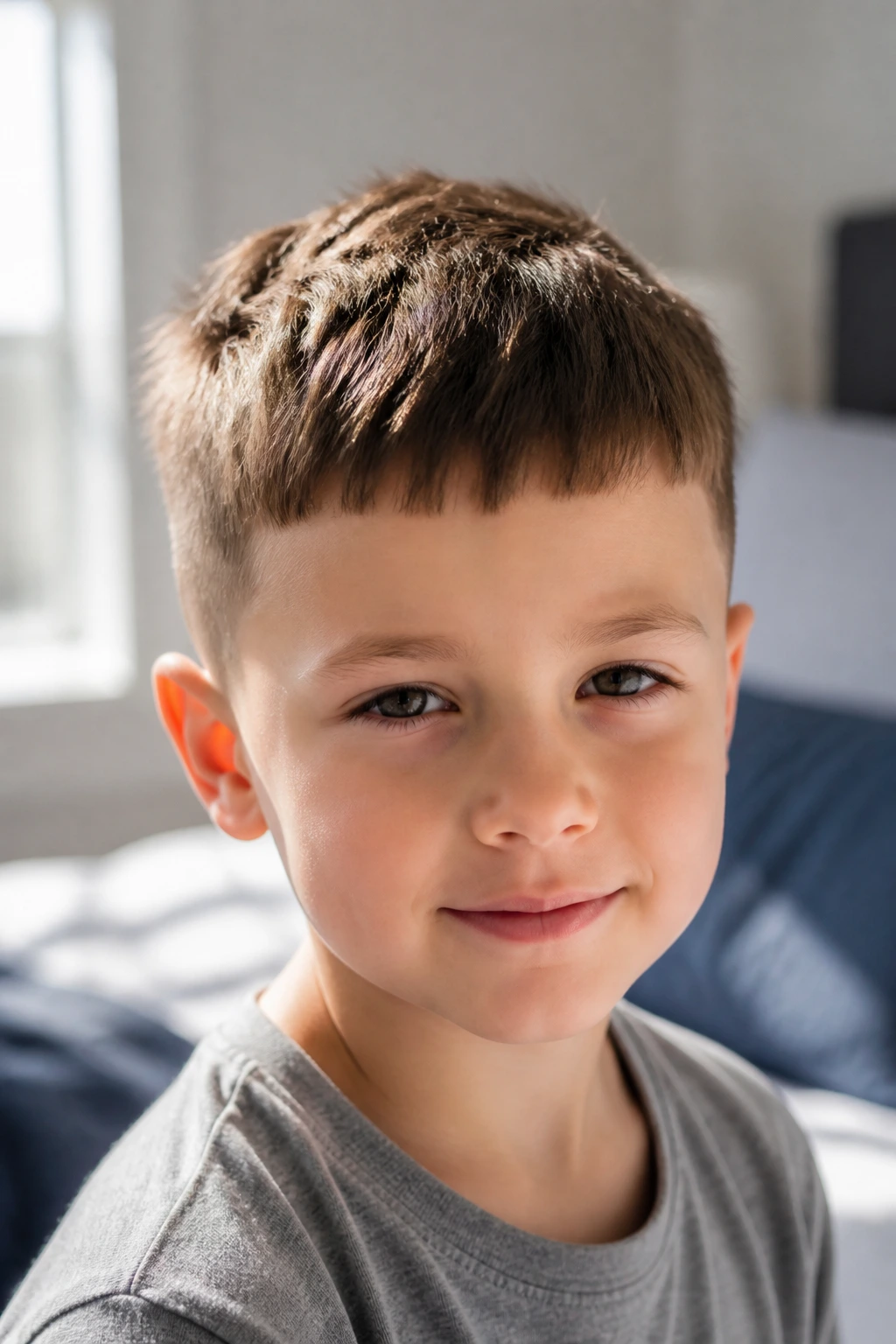 Boy with French crop and short fringe, sunlight in a bedroom