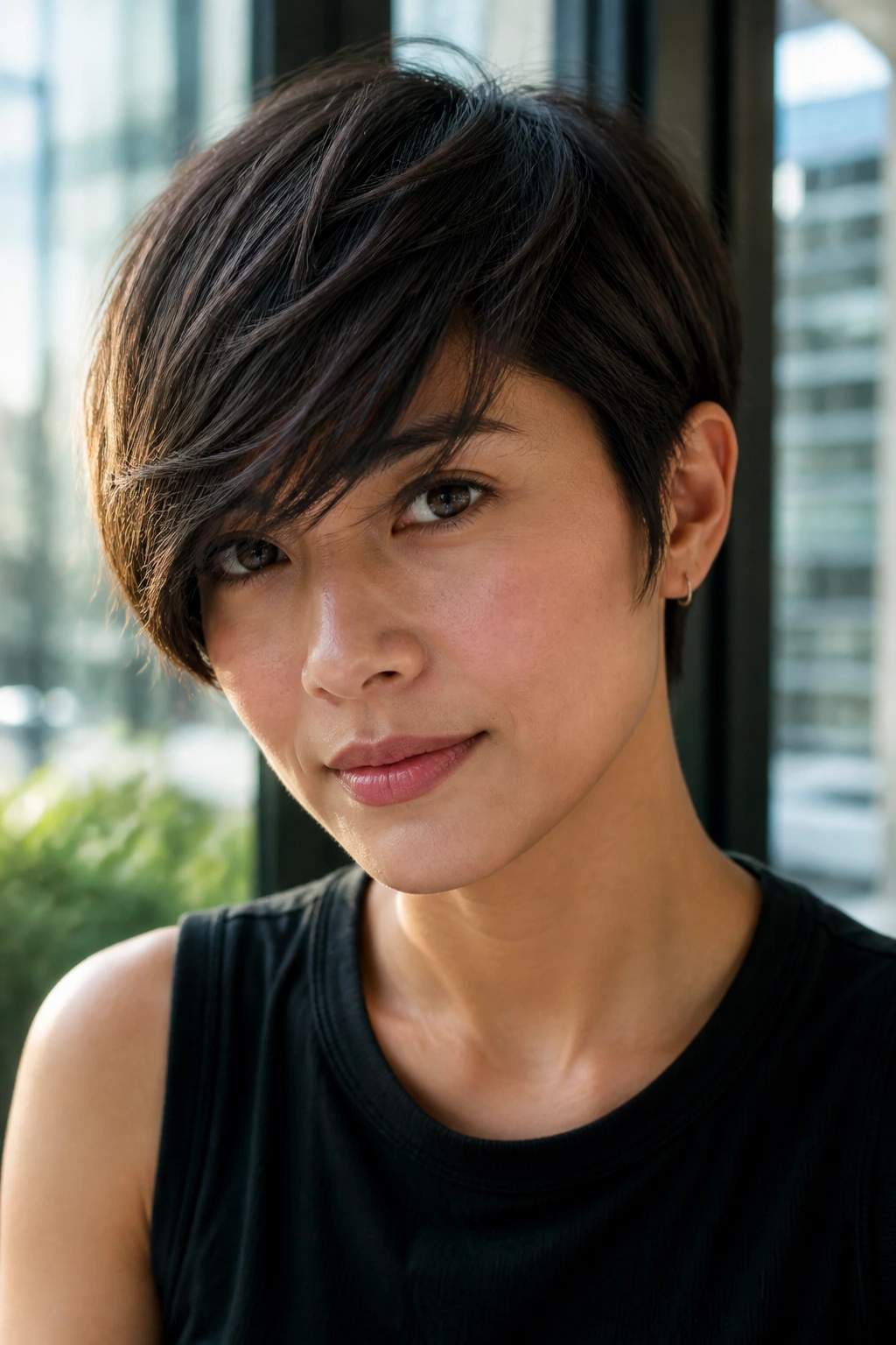 Close-up portrait of a real person with a side-swept fringe crop