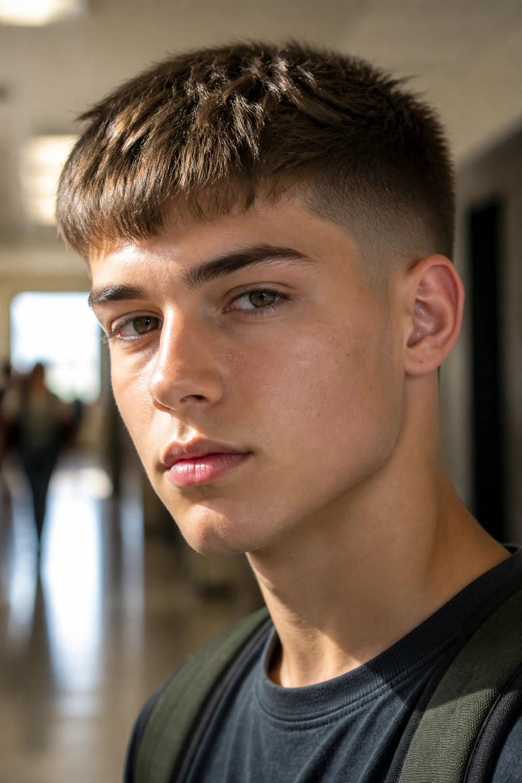 Teen boy fringe-forward crop hairstyle in school hallway
