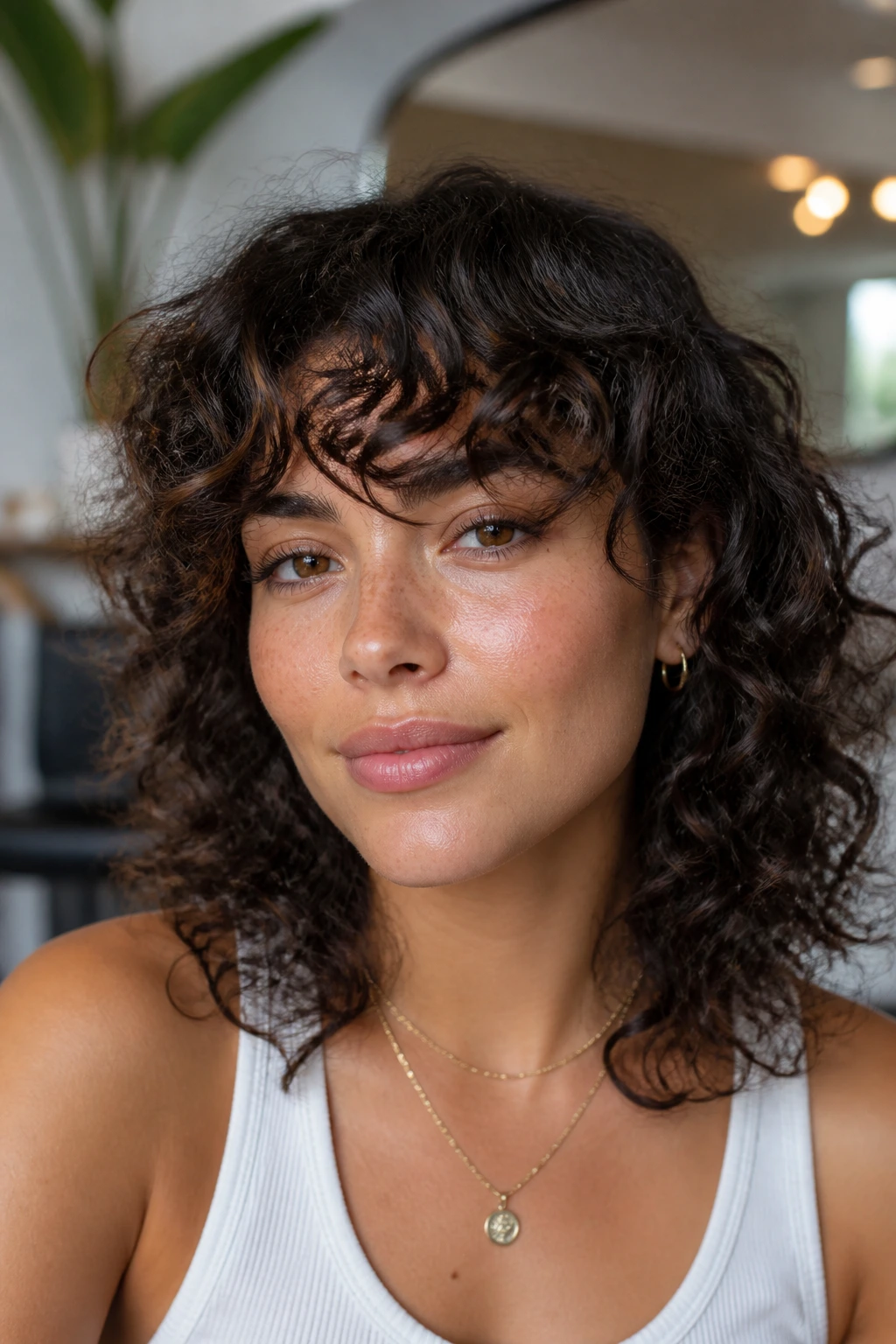 Portrait of a woman with a fringe that works with her curl blending with her haircut