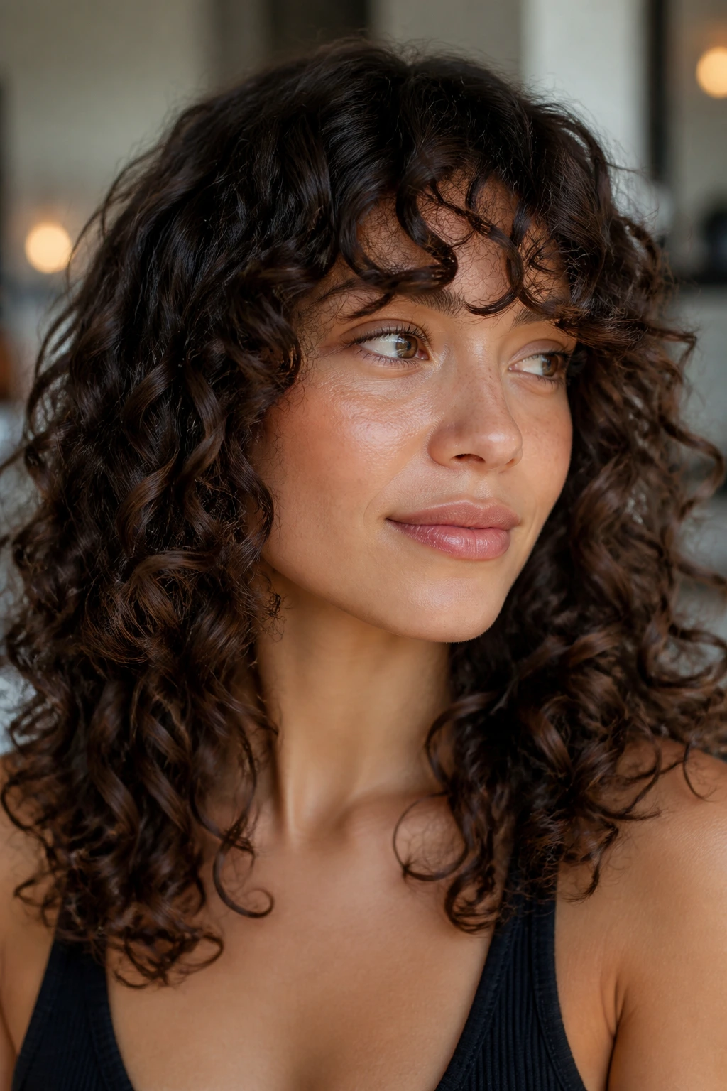 Close-up of a woman with fringe that follows curl, framing eyes