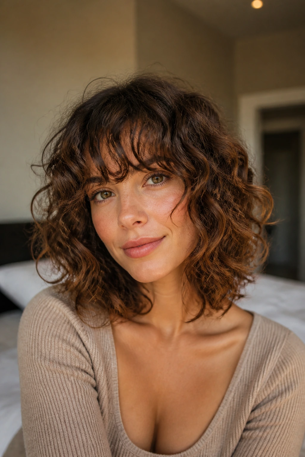 Close-up of a real woman with a curly lob and wispy bangs skimming the brows in warm bedroom light