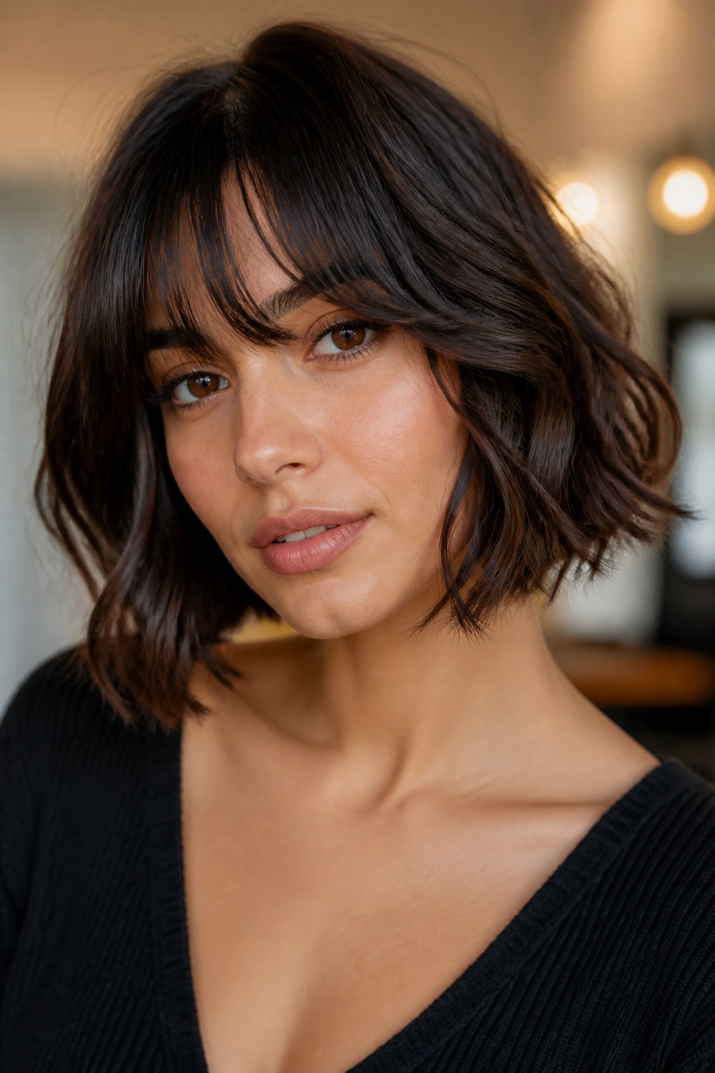 Person with fringe-forward curtain bangs in a bob
