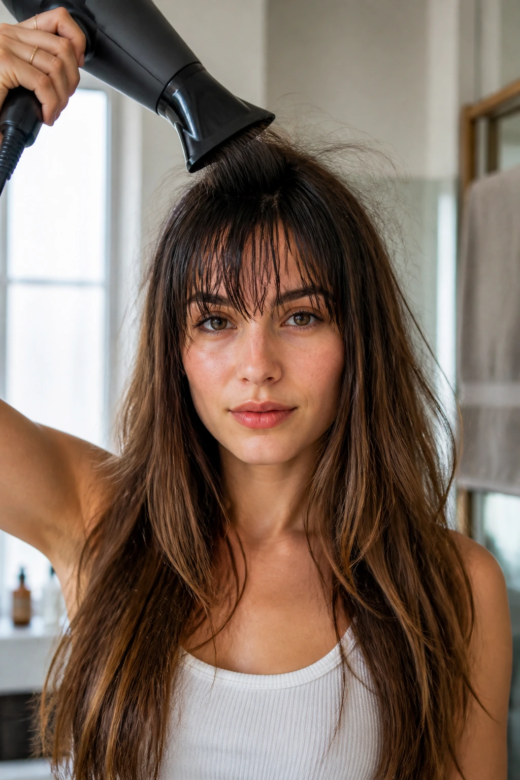 Close-up of a real woman with a damp fringe being styled, roots lifted for direction