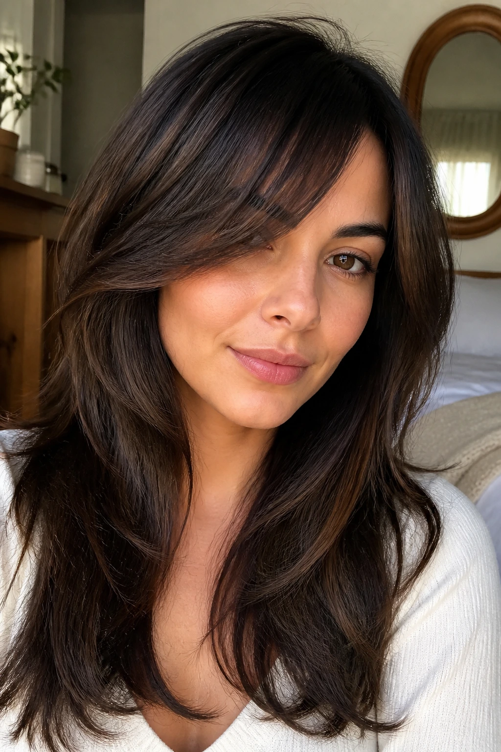 Close-up of a real woman with a long diagonal fringe blending into side pieces.