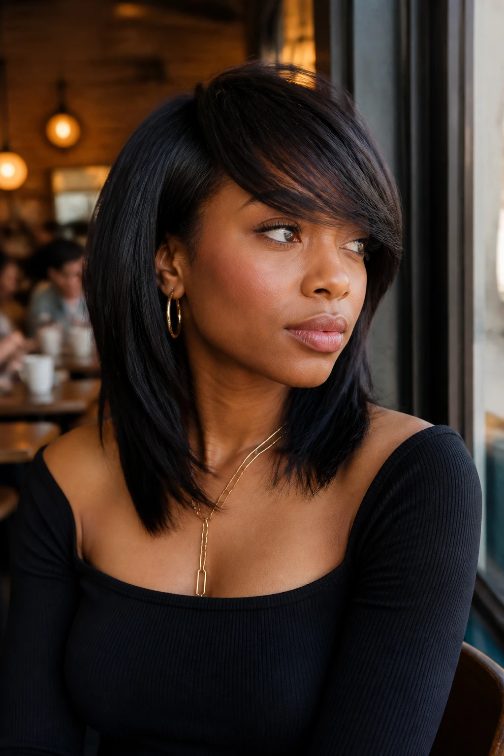 Real person with a diagonal fringe sweep in natural cafe lighting