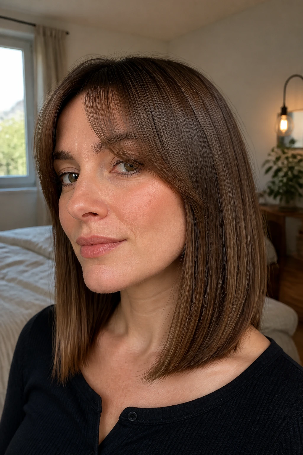 Portrait of a real woman with curtain fringe and flat ends in warm light.