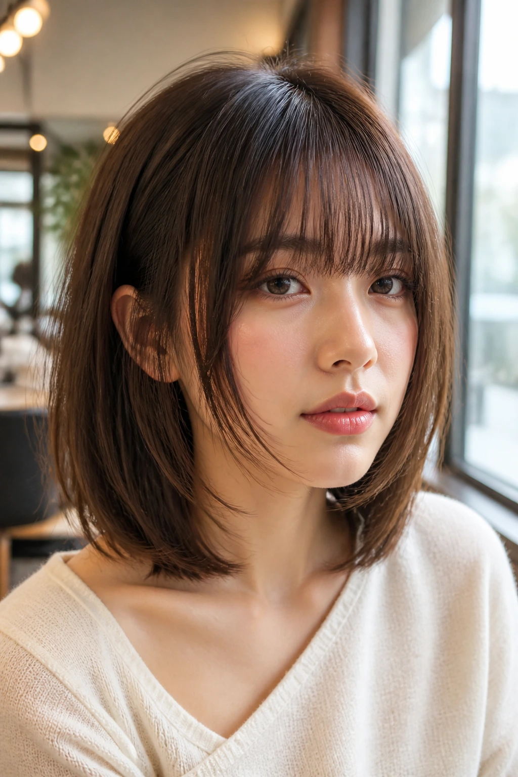 Close-up portrait of a real woman with a heavy full fringe and long face-framing pieces.