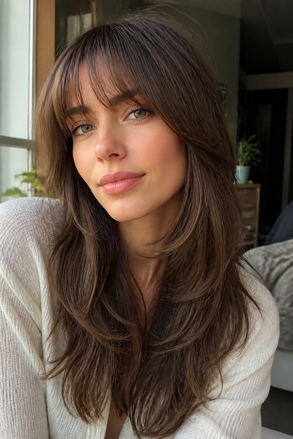 Real woman with fringe and face-framing layers styled to fall correctly