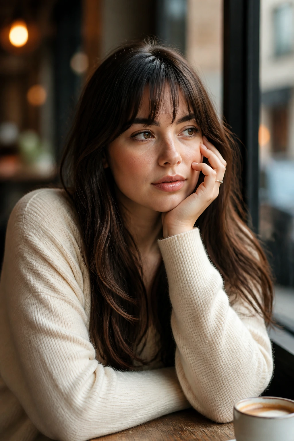 Portrait of a person with fringe, thoughtful expression in cafe light