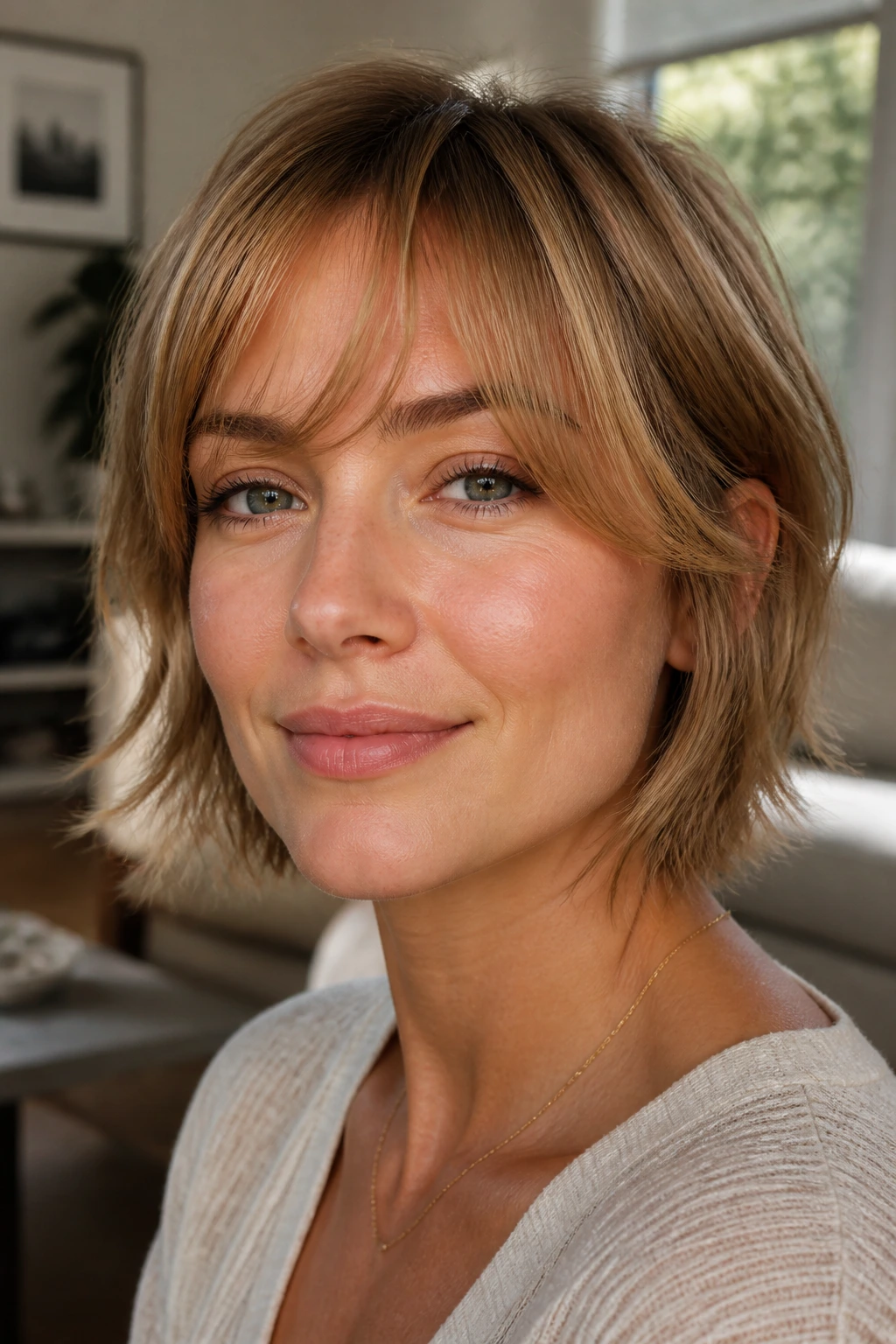 Close-up portrait of a real woman with soft fringe showing movement on a square face.
