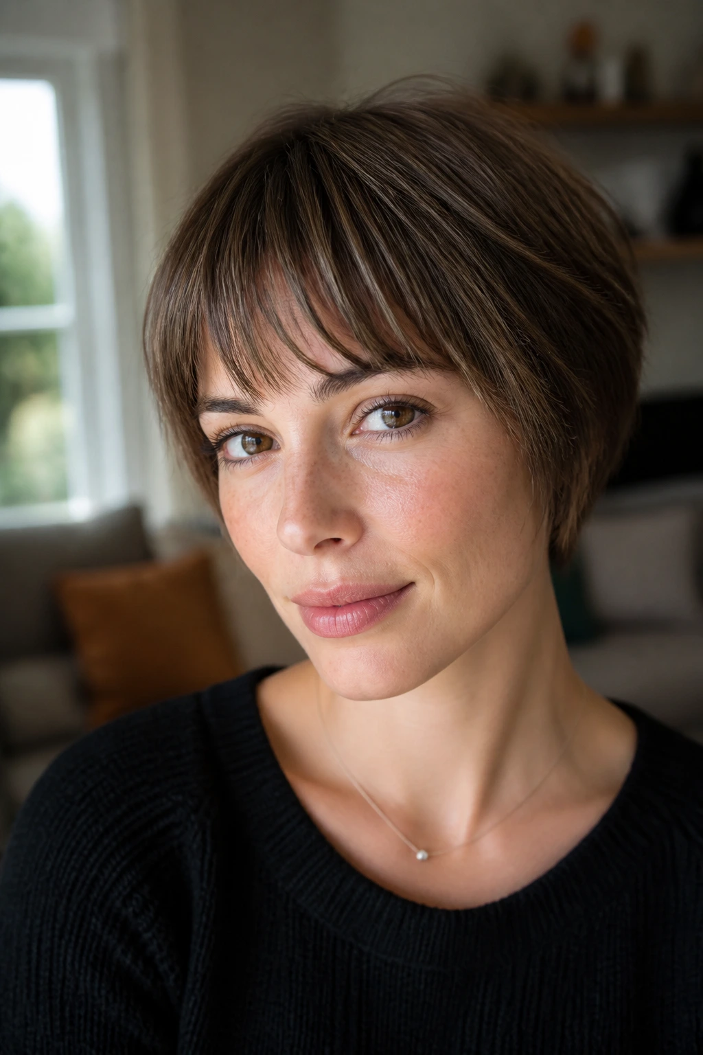 Close-up portrait of a real woman with a chic fringe on fine hair in a warm living room window light.