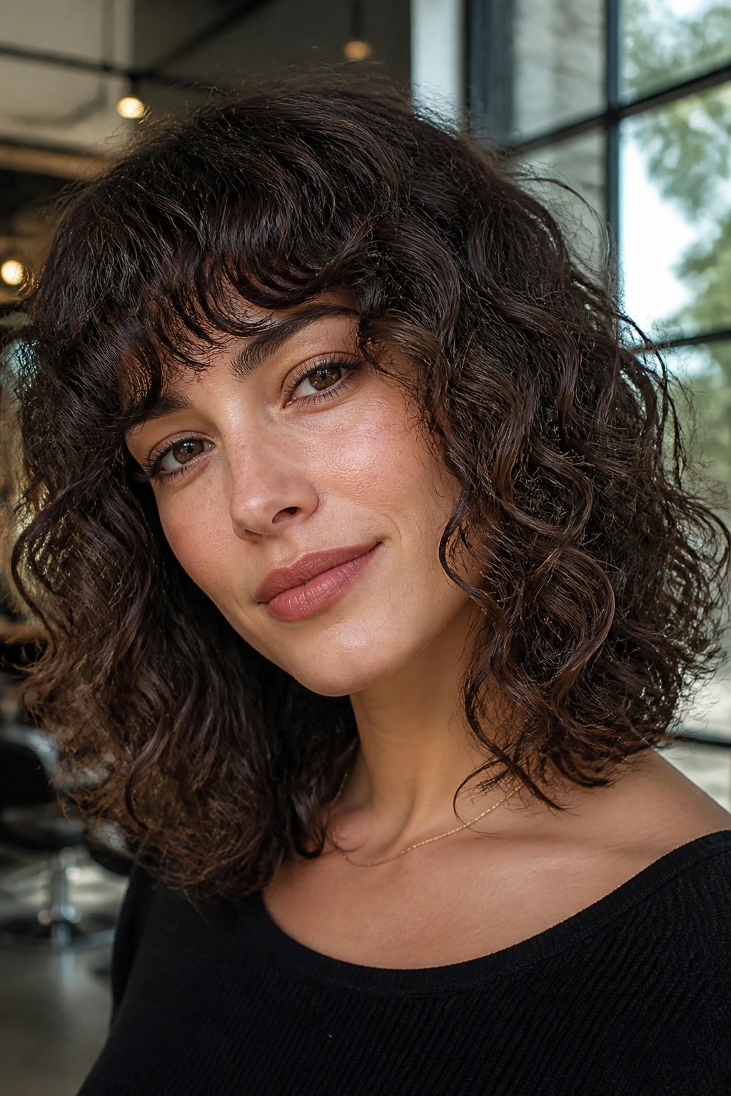Portrait of a real woman with fringe-first side-swept bangs on a curly long bob.