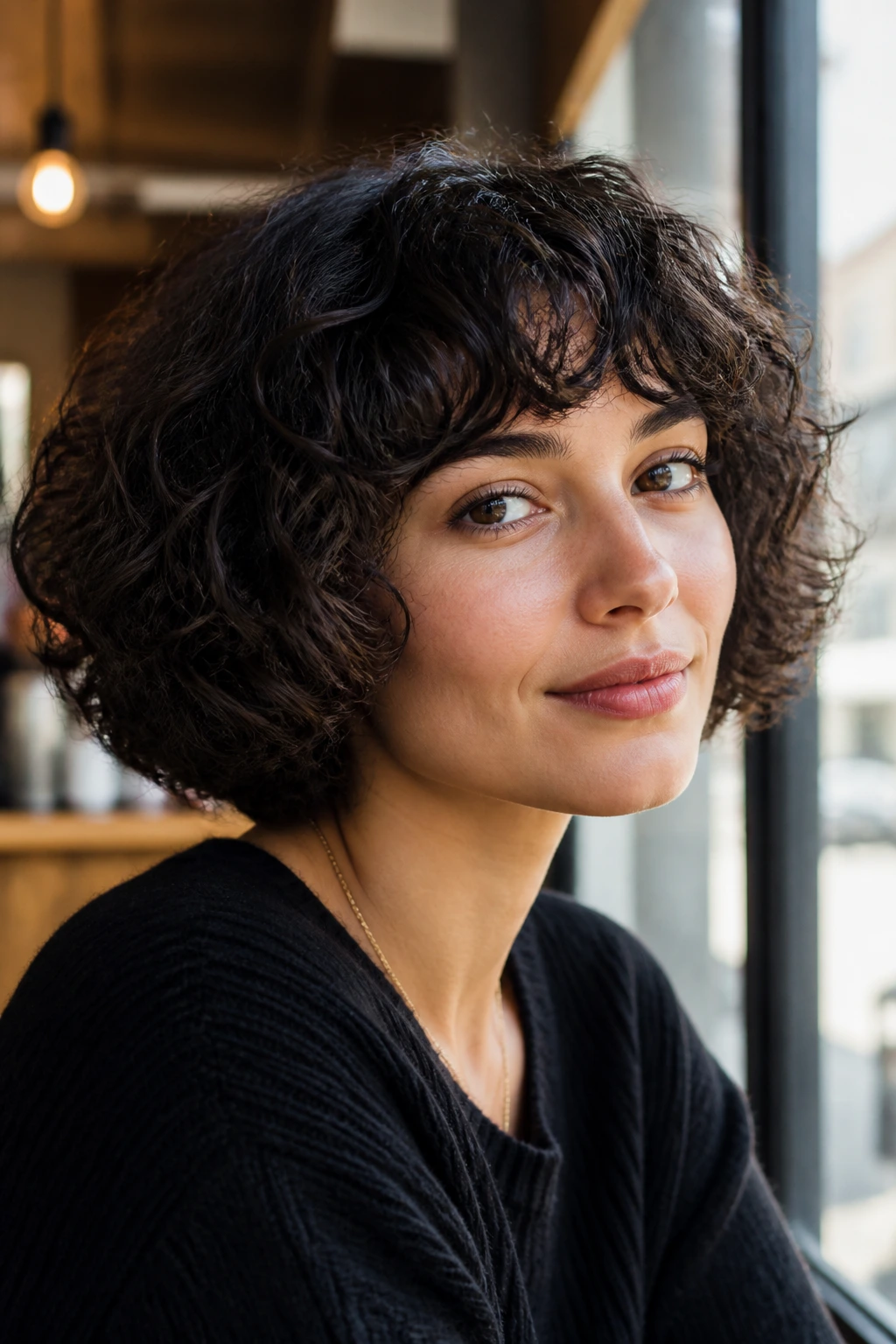 Close-up portrait of a real woman with curly fringe in a rounded bob.