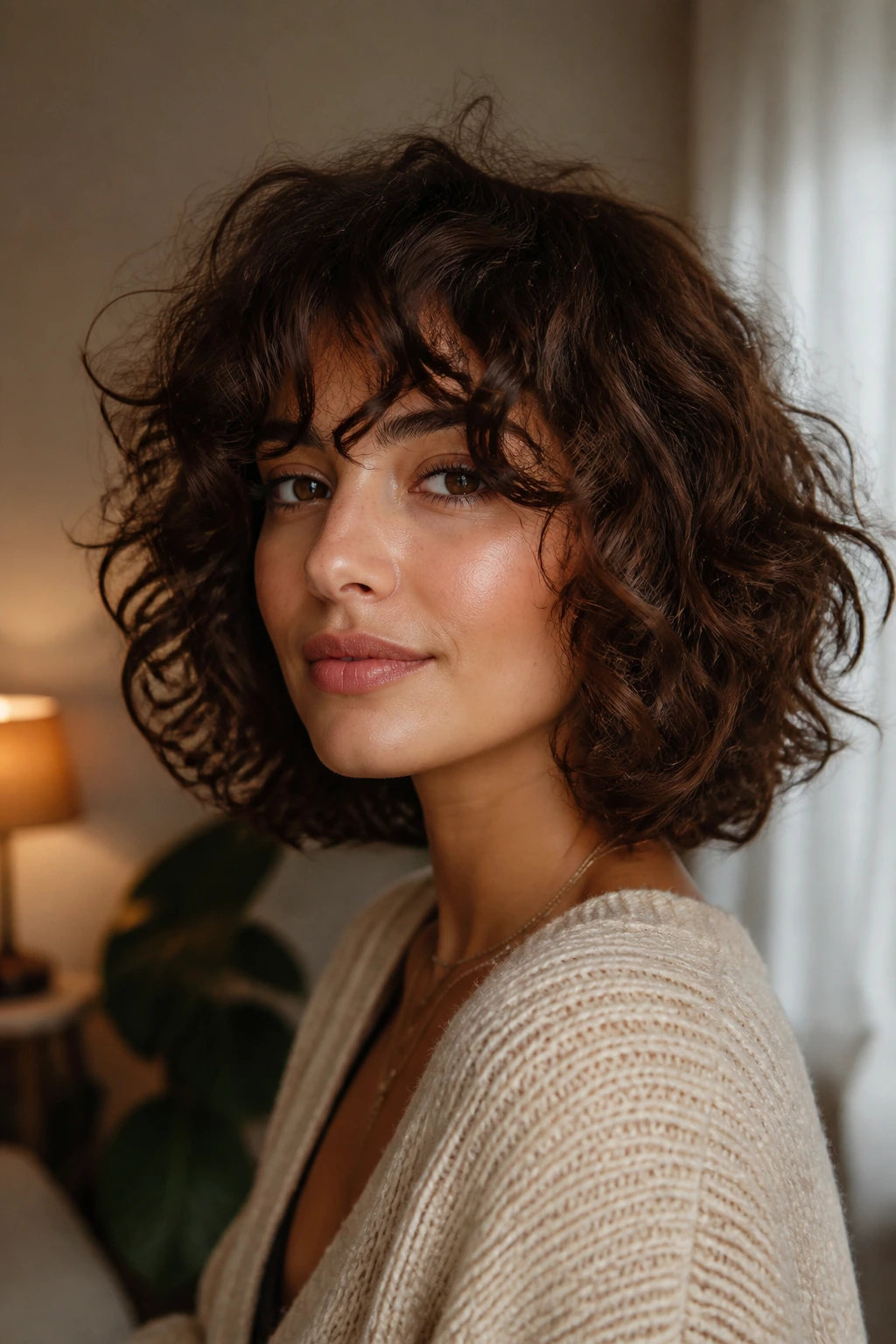 Close-up of a real woman with fringe-first curly bob and curtain bangs