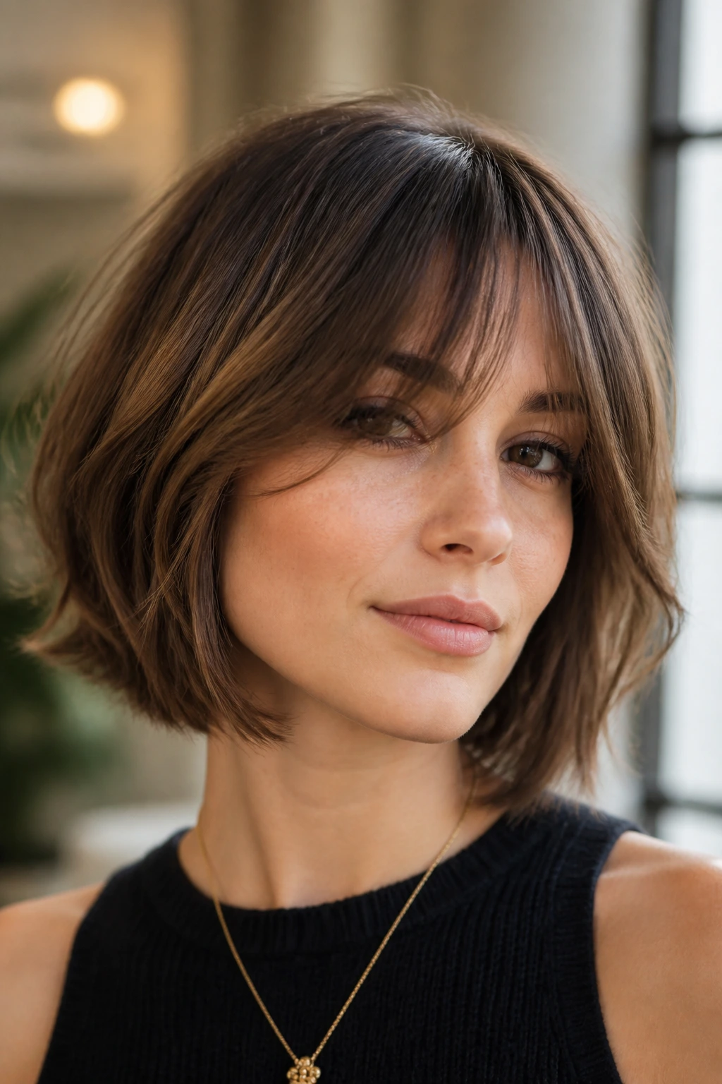 Close-up of a real woman with a fringe-forward bob and curtain bangs in soft window light