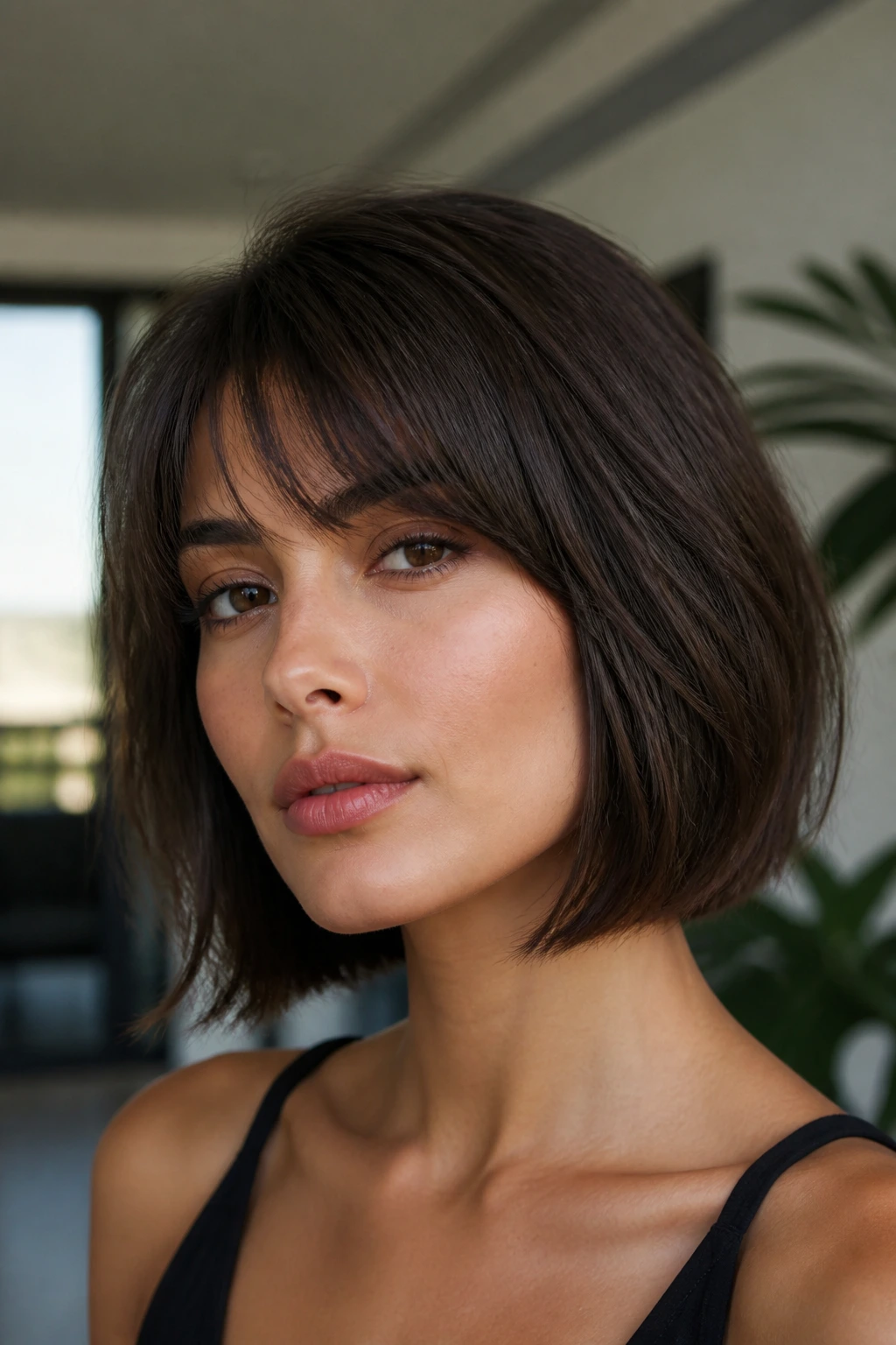 Portrait of a person with a fringe-forward bob and curtain bangs, illustrating a variation.
