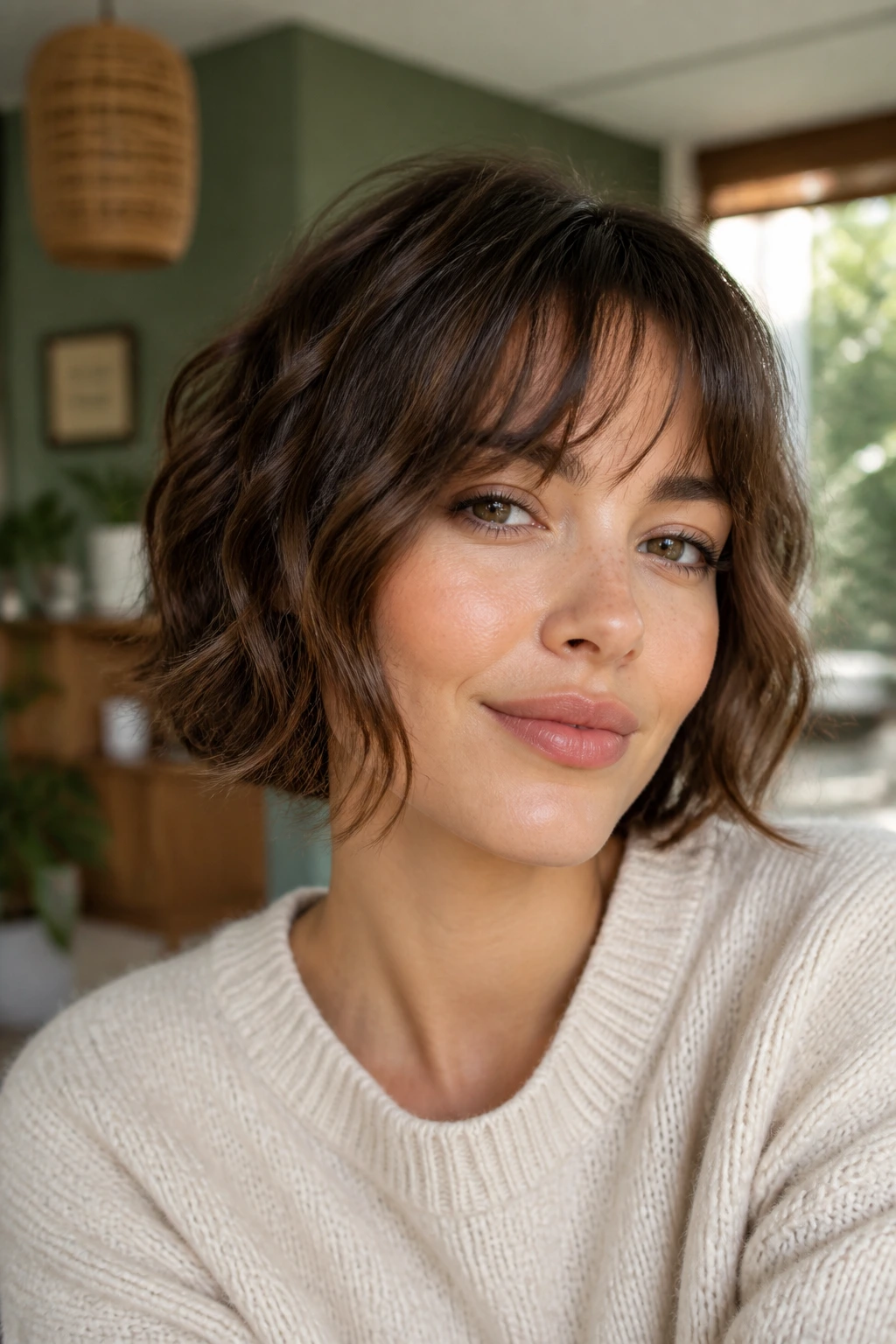 Woman with fringe-forward bob in cozy room