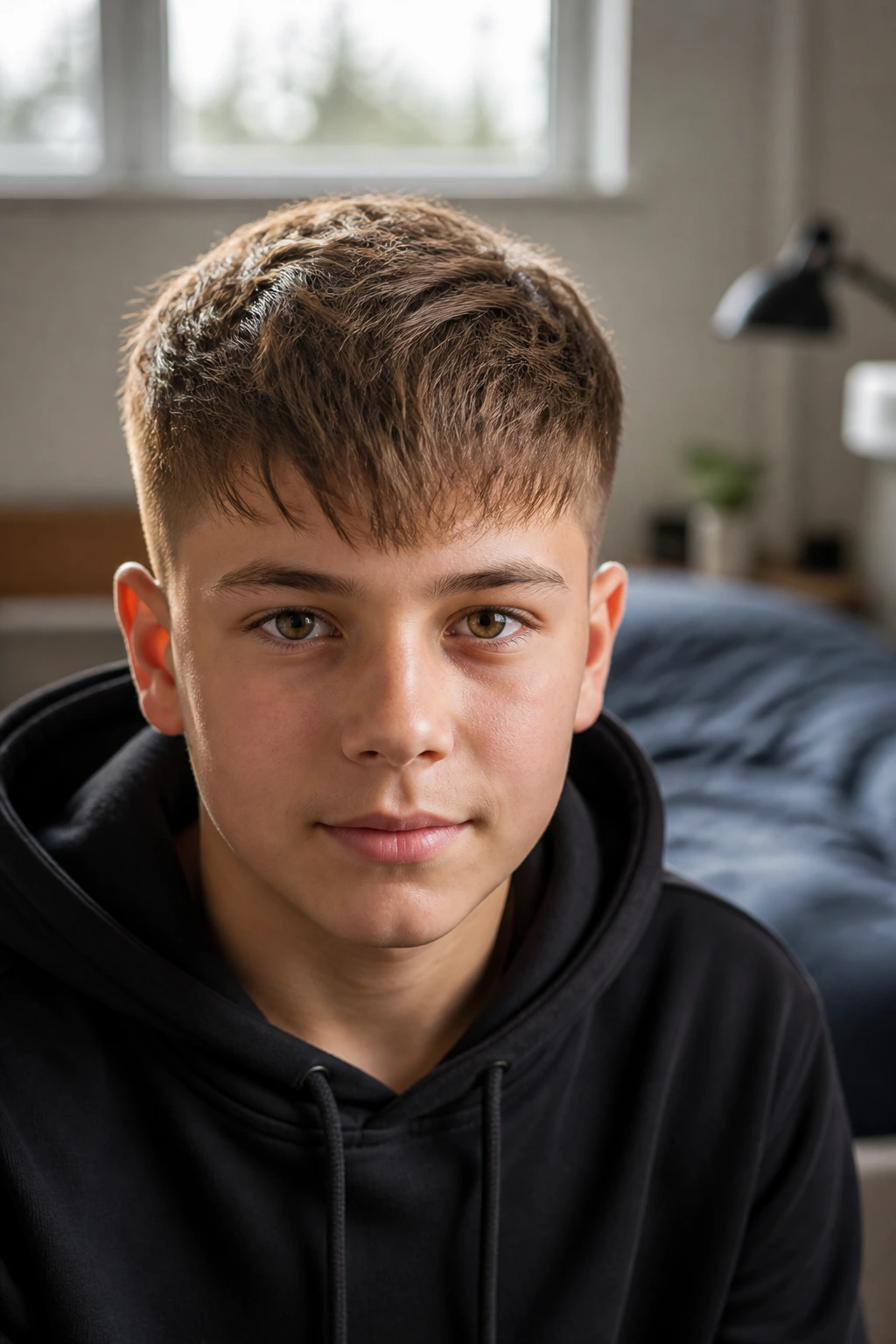 Boy with fringe-forward crew cut showing forward fringe and textured top