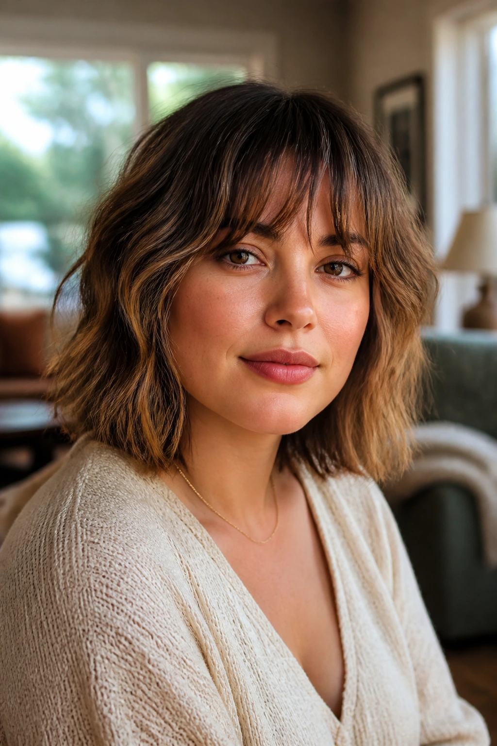 Close-up of a real woman with textured lob and curtain bangs